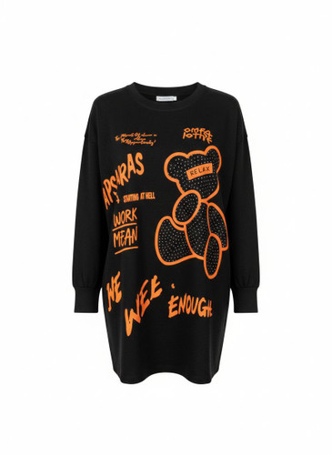 دورس آستین بلند چاپ شبرنگ نارنجی همراه با نگین های پرس شده