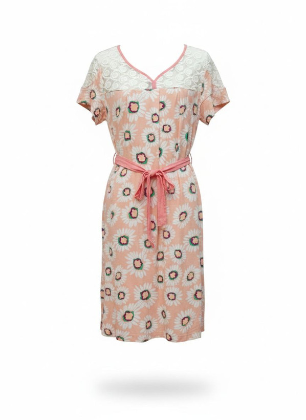 پیراهن تمام نخ خنک و راحت مناسب خواب با بند دور کمر یقه گیپور دار