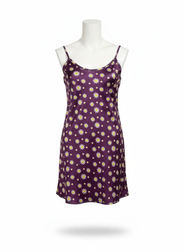 پیراهن ساتن بنفش گل گلی بابونه وارداتی با کش مو ست