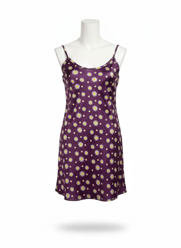 پیراهن ساتن بنفش گل گلی بابونه وارداتی با کش مو ست