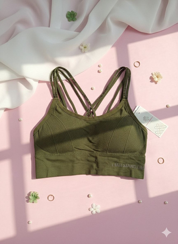 نیم تنه ورزشی سبز لجنی و چمنی با بند باریک و کاپ قابل شستشو