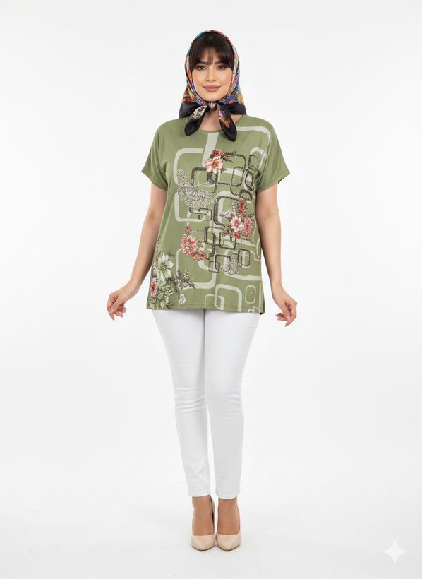 تیشرت آستین سر خود سبز ماچا نگین دار HMK