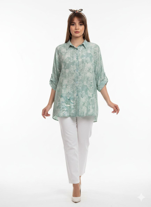 شومیز آبی روشن با طرح پارچه برجسته نخی مناسب عید