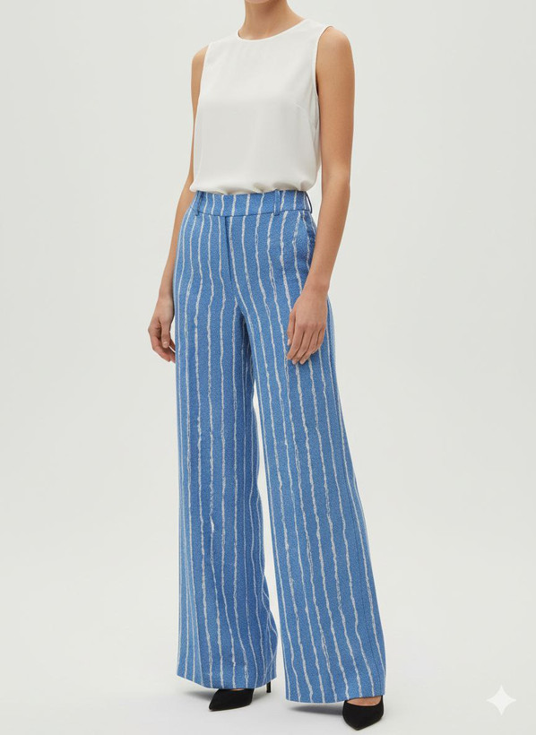 شلوار آبی آسمانی با راه راه سفید بگ نخی زنانه و دخترانه