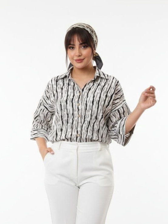 شومیز پارچه مراکشی راه راه گورخری آستین سه ربع بهاره