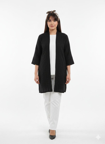 مانتو جلو باز بدون دکمه آستین سه ربع مشکی قد بلند