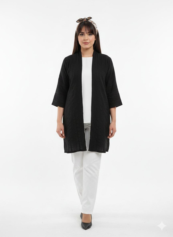 مانتو جلو باز بدون دکمه آستین سه ربع مشکی قد بلند