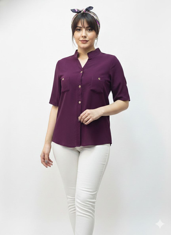 شومیز ساده بادمجانی جنس نخی تابستانه