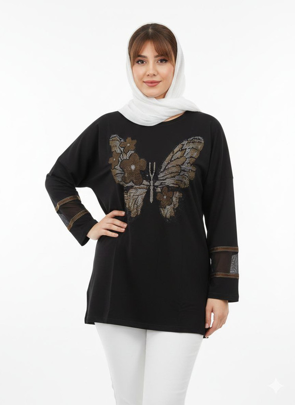 بلوز آستین بلند طرح پروانه نگین دار
