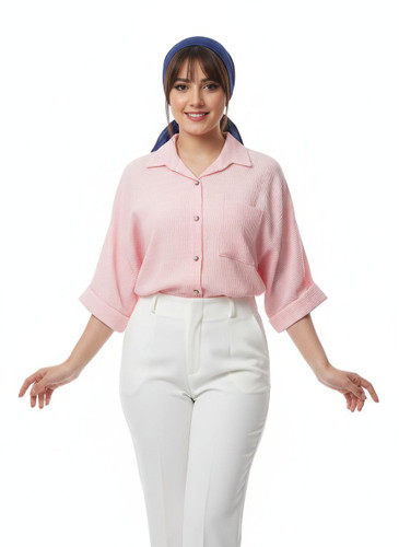 شومیز صورتی باکسی آستین سه ربع دخترانه