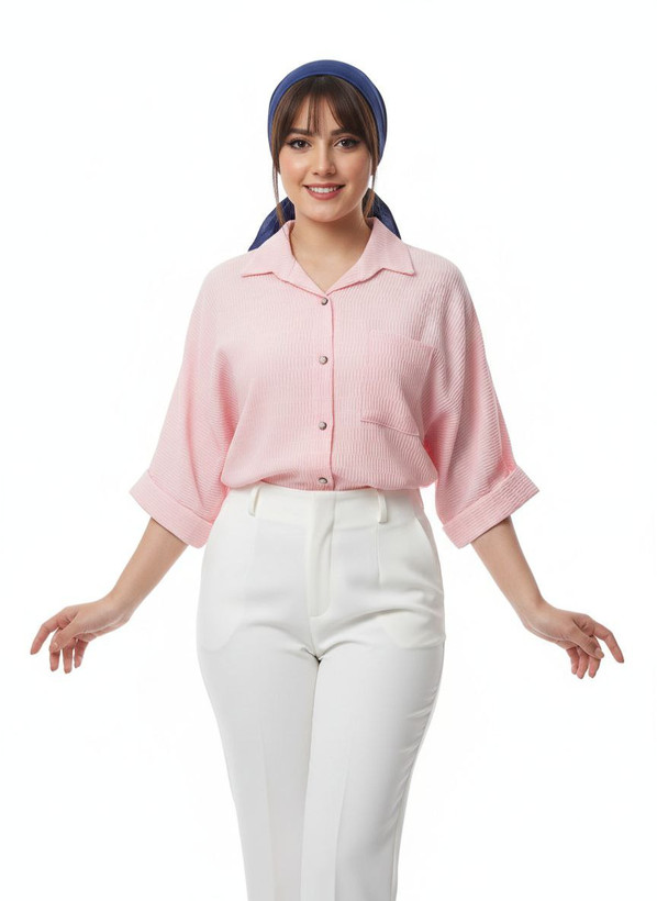 شومیز صورتی باکسی آستین سه ربع دخترانه