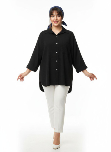 شومیز مانتو جلو دکمه بلند مشکی نخی زنانه و دخترانه