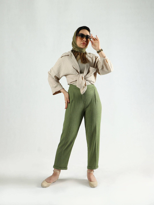 شلوار مام فیت سبز نخی چروک