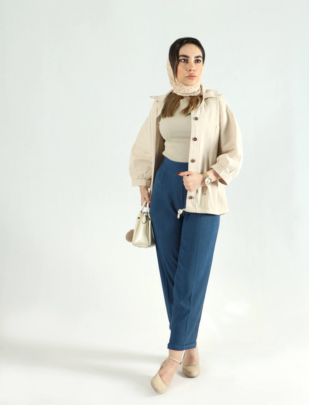 شلوار آبی مام فیت نخی چروک پشت کش دار