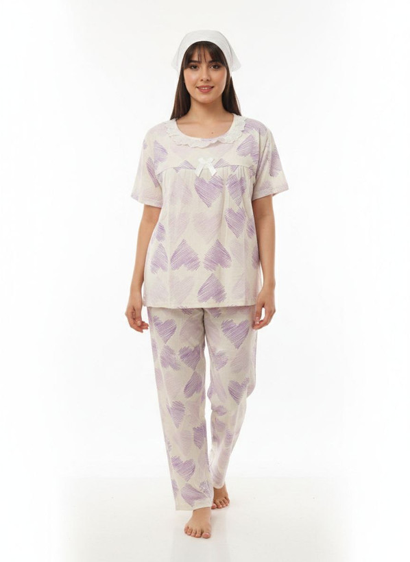 تیشرت یقه گیپور و شلوار تمام نخ قلبی زنانه لباس خواب