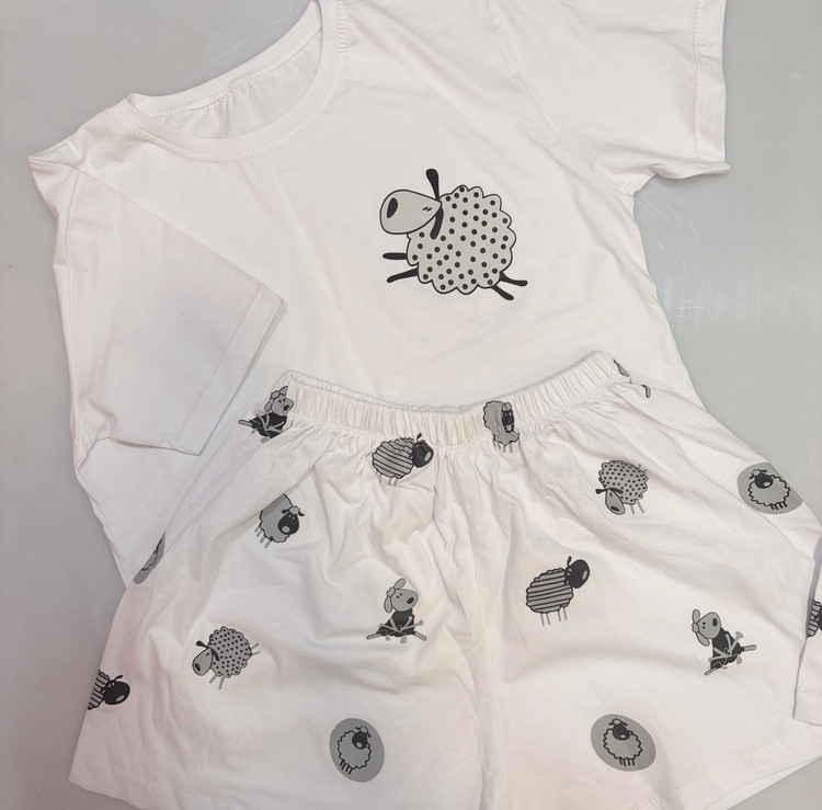 کراپ و شورتک نخ پنبه سفید دخترانه با طرح فانتزی گوسفند