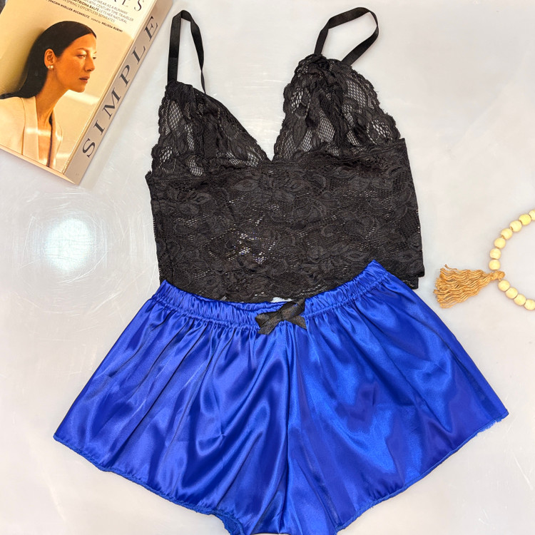 ست گیپوری آبی کاربنی ساتن و گیپور