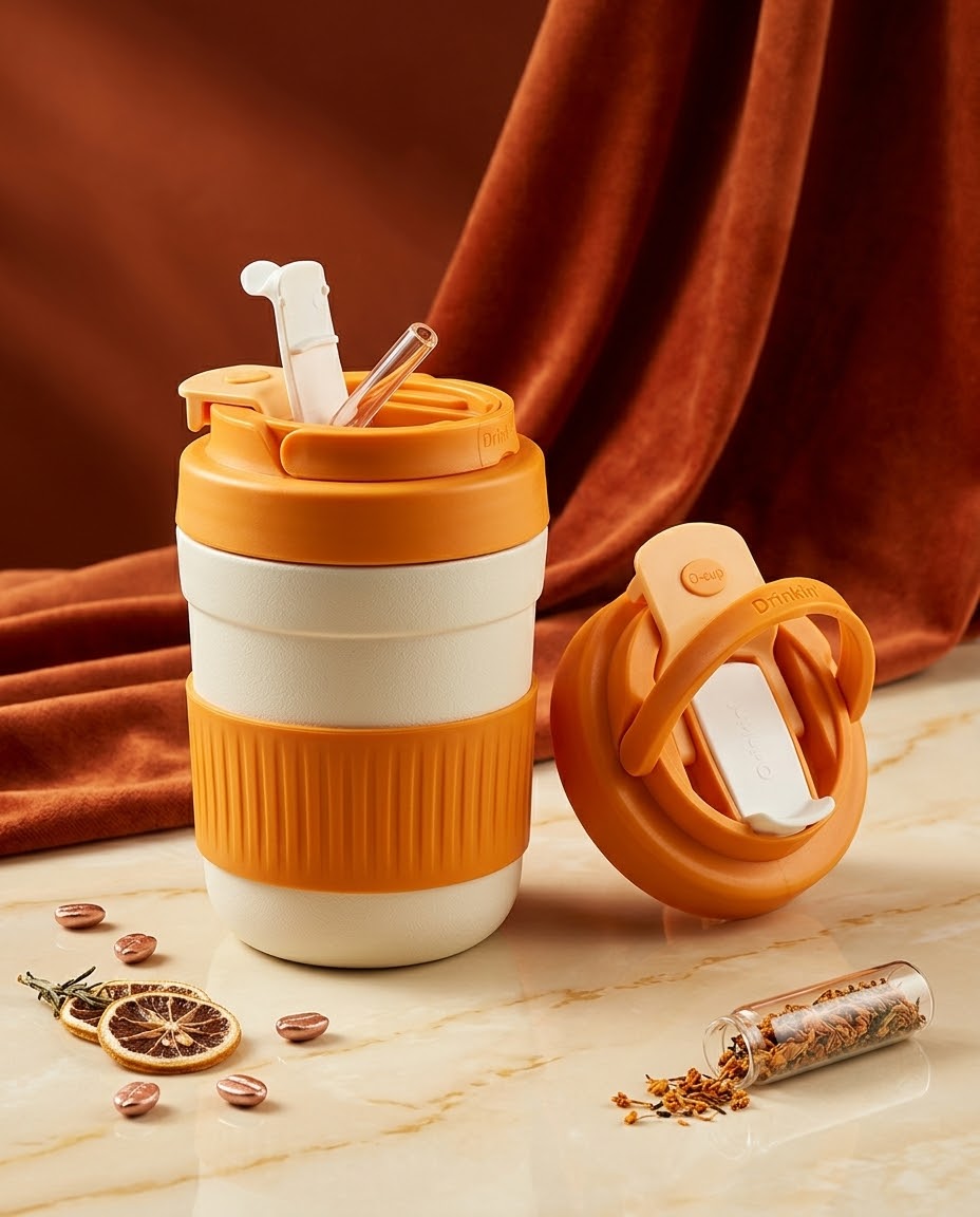 ماگ سیلیکونی نی دار کوچول رنگ نارنجی