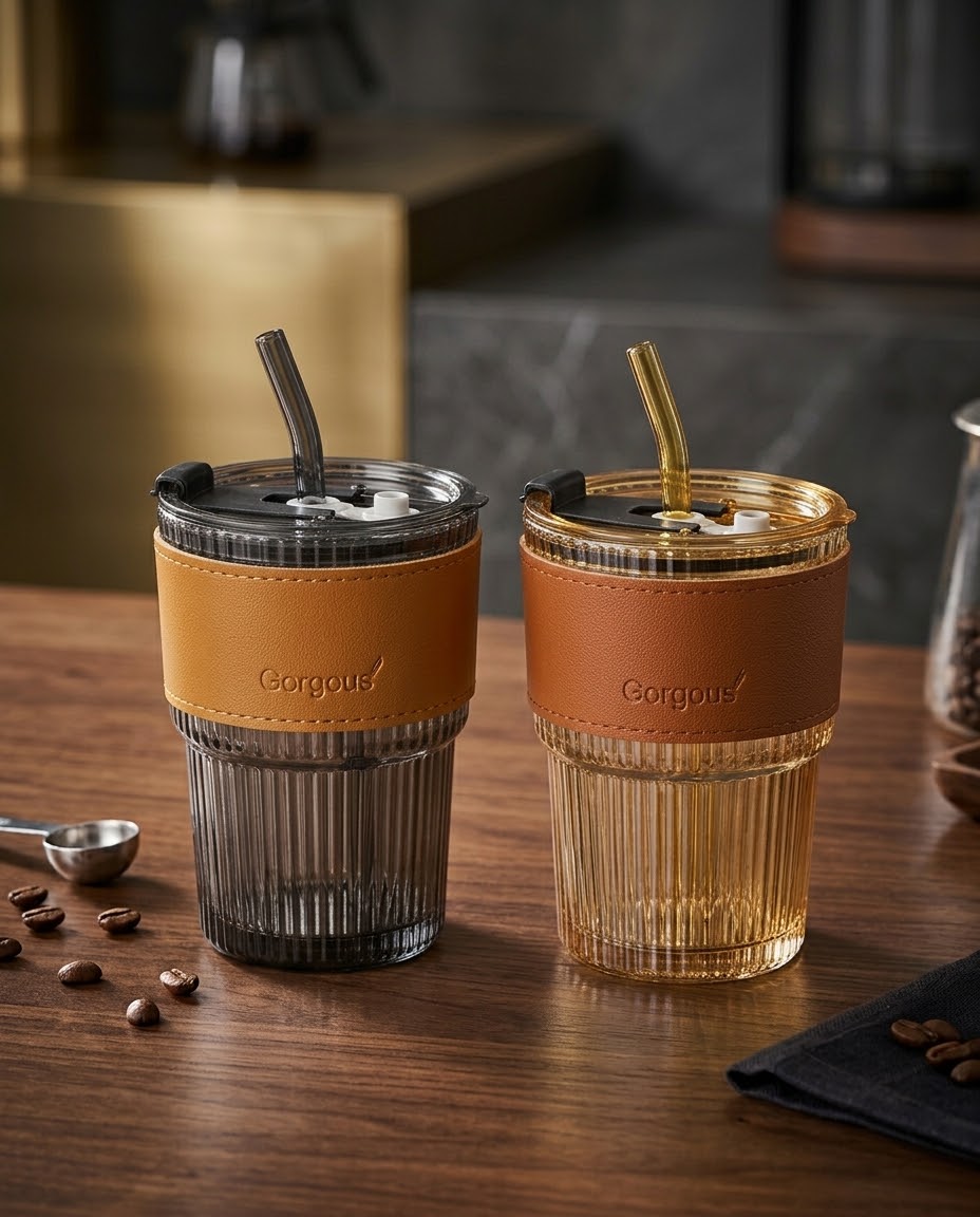 ماگ شیشه و چرم مناسب انواع نوشیدنی همراه با نی شیشه ای